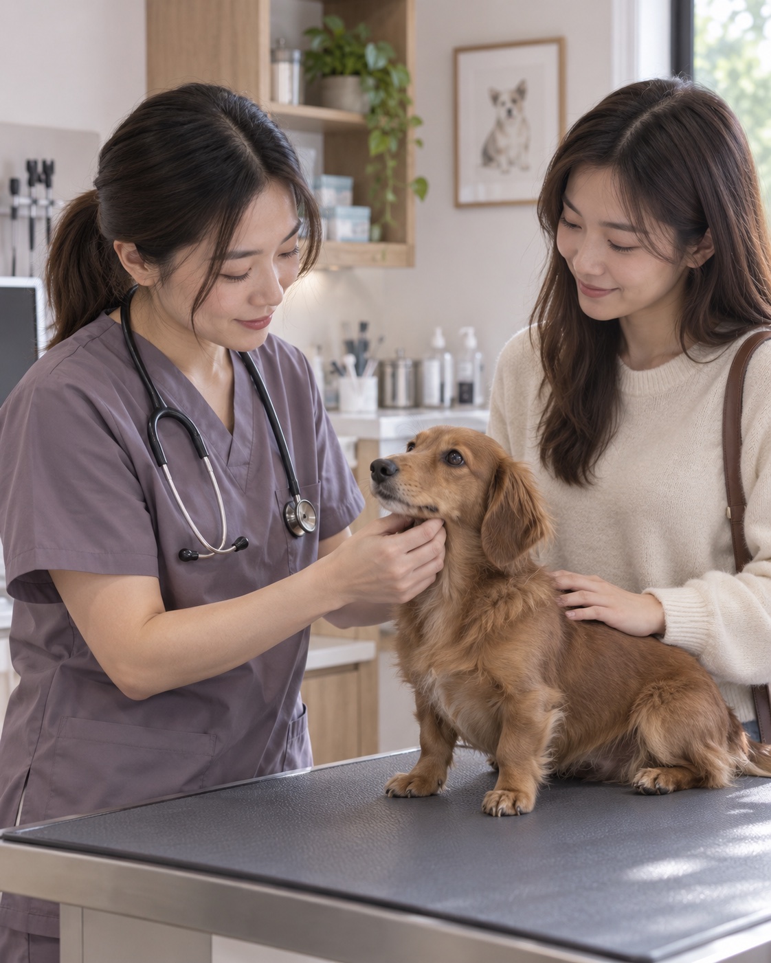 獸醫師在診間溫柔檢查小狗，飼主在旁陪伴的情境示意照