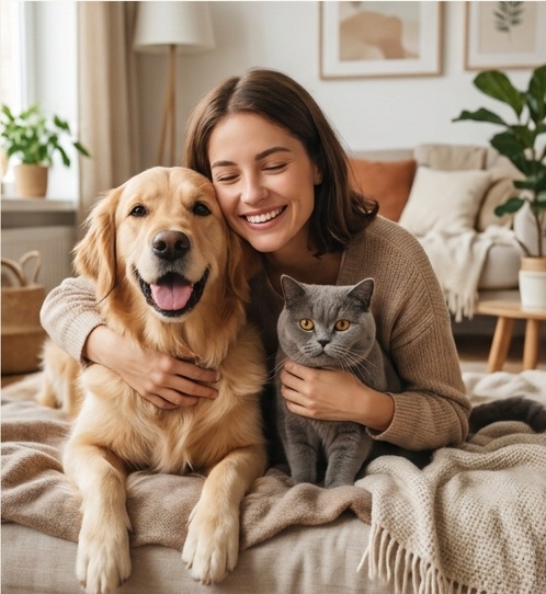 飼主溫柔擁抱黃金獵犬與灰貓